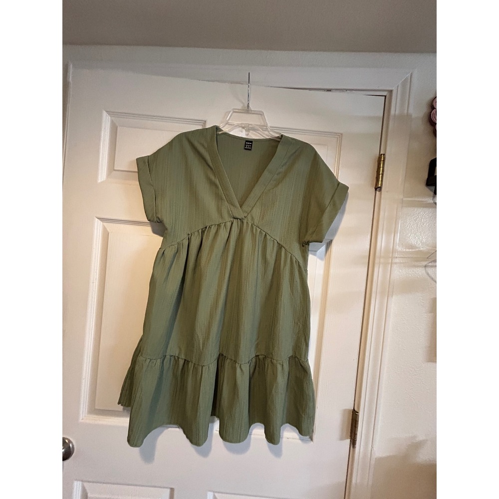 Babydoll SHEIN  Olive Green  Mini Dress‎ V Neck Tiered Short Sleeve XS 2